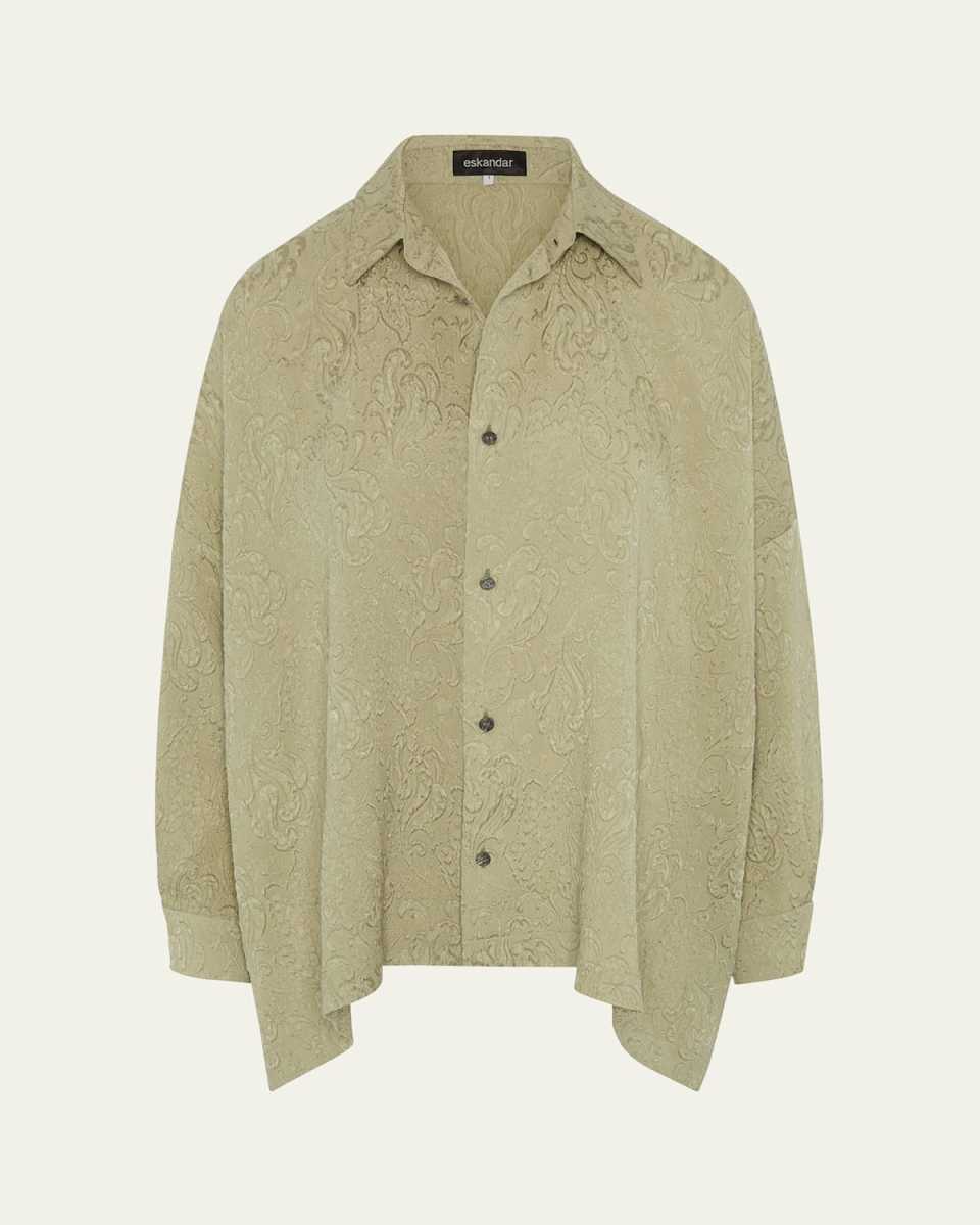 Damask Cloque Wide Longer-Back Shirt With Collar (Mid Plus Length)